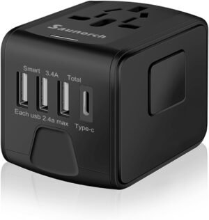 Universal International Travel Power Adapter, AC Outlet | High Speed 2.4A USB & 3.0A Type-C Charger for Europe UK US AU Asia, Black