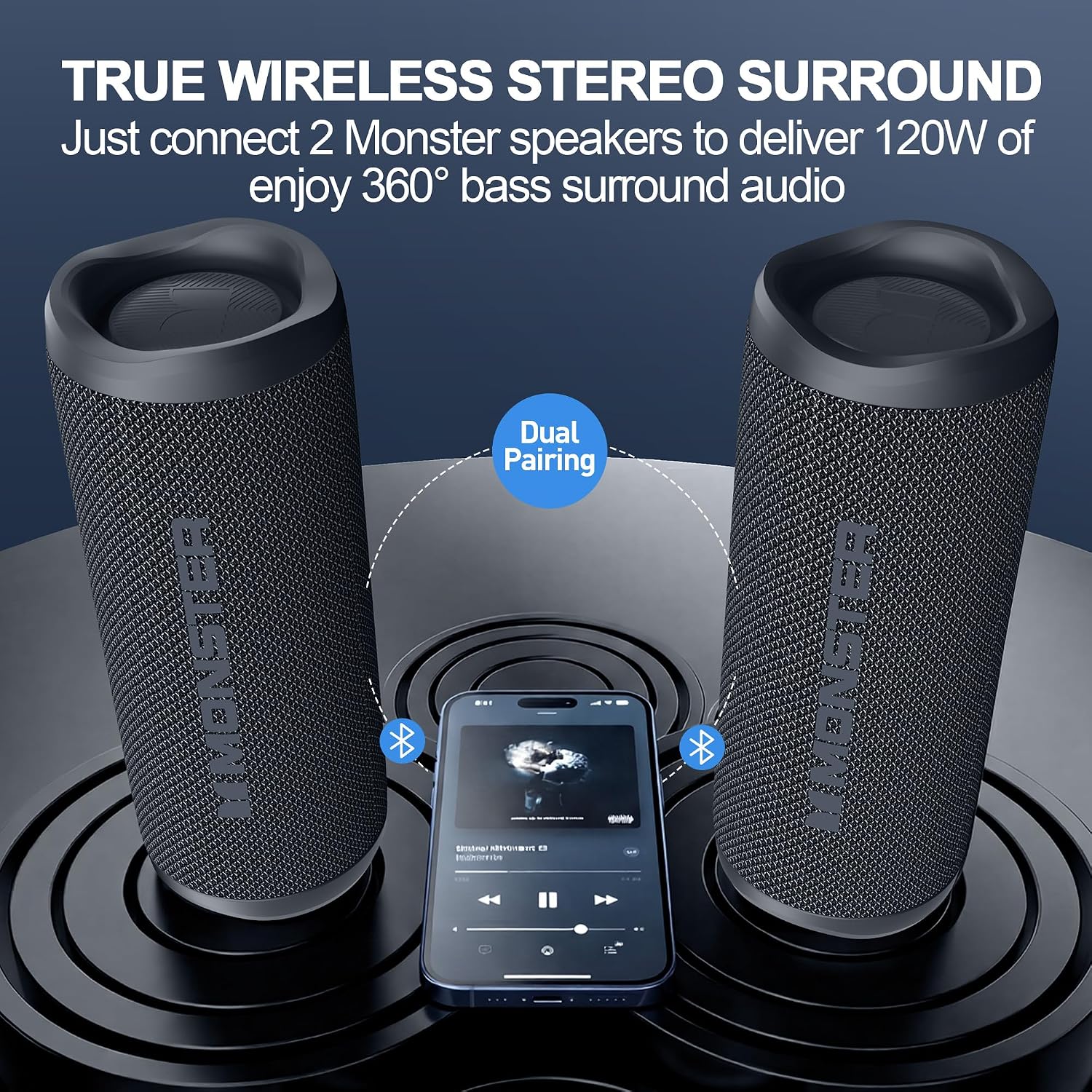 Monster S620 Bluetooth Speaker, Wireless Portable Outdoor Bluetooth Speakers, 60W True Wireless Stereo IPX8 Waterproof, Dual PairingBluetooth 5.4 Built-in Mic, Perfect for Home, Black - Image 2